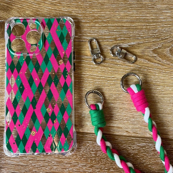 iPhone 14 Pro Max silicone case with strap pink / green / white NEW - Picture 1 of 3